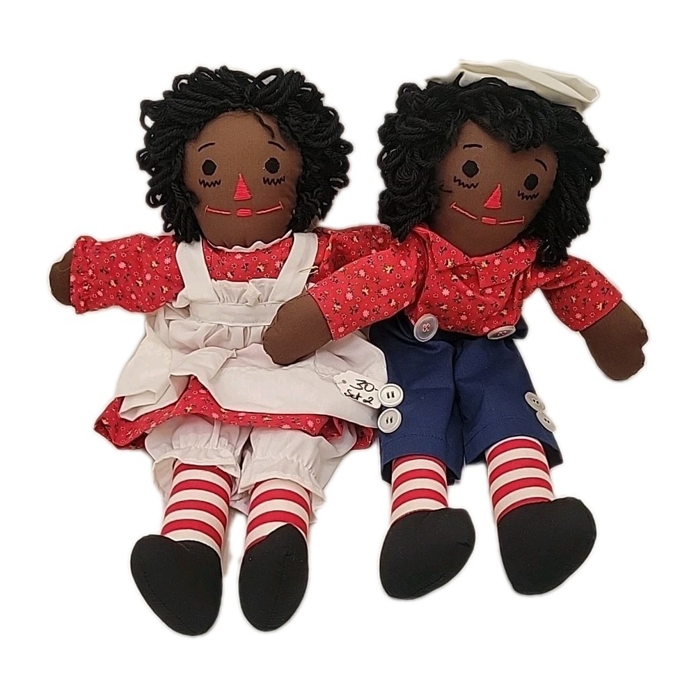 Handmade Black Raggedy Ann Andy Style Doll Pair African American Folk Art